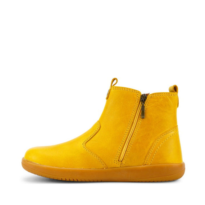 The Bobux Kid+ Jester Jodphur Boot Chartreuse Yellow (830036) is a vibrant unisex boot with side zipper, front/back pull tabs, and flat flexible sole, shown in left side profile against a white background. Now on CLEARANCE., 9420068520868, 9420068520875, 9420068520882, 9420068520899, 9420068520905, 9420068520912, 9420068520929
