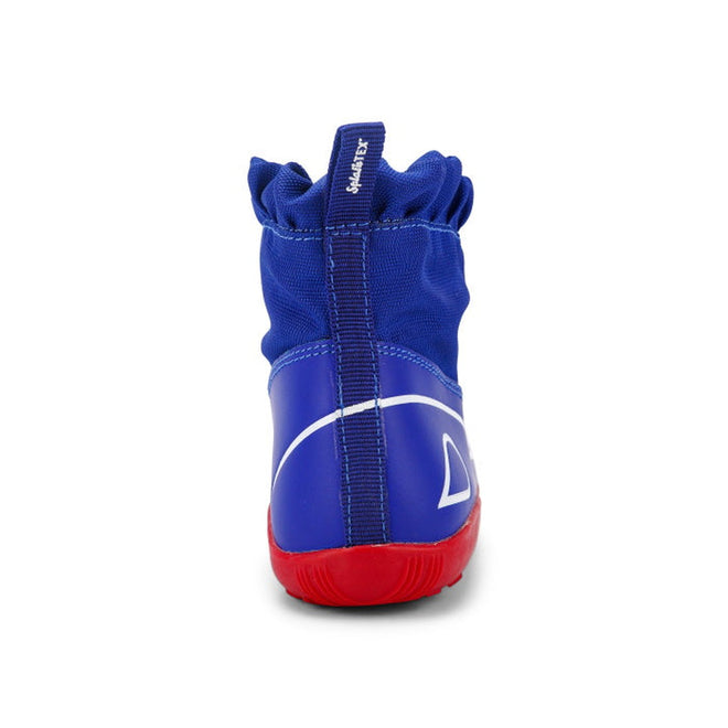 The Bobux Kid+ Splash Boot Waterproof Blueberry 839003 is shown from the back, featuring a SHARKIST heel pull tab, white side graphic, and bright red sole—perfect for standout kids' footwear. The background is white., 9420068527911, 9420068527928, 9420068527935, 9420068527942, 9420068527959, 9420068527966, 9420068527973