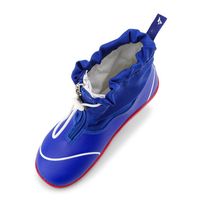 The Bobux Kid+ Splash Boot Waterproof Blueberry 839003 is a blue kids’ waterproof boot with white accents, a red sole, drawstring closure, and heel pull tab, shown from an overhead angle., 9420068527911, 9420068527928, 9420068527935, 9420068527942, 9420068527959, 9420068527966, 9420068527973