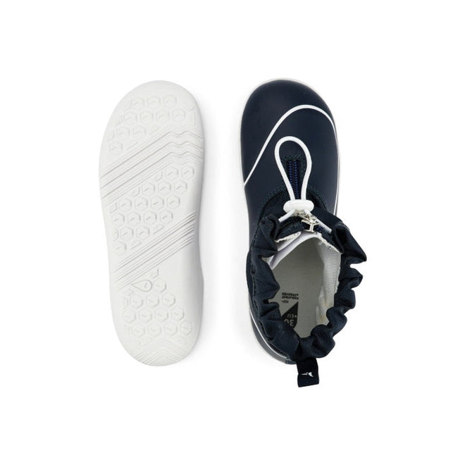Top and bottom views of the Bobux Kid+ Splash Boot Waterproof Navy 839004 kids shoe, featuring a white sole, white trim, drawstring closure, and textured sole pattern on a white background., 9420068528086, 9420068528093, 9420068528109, 9420068528116, 9420068528123, 9420068528130, 9420068528147