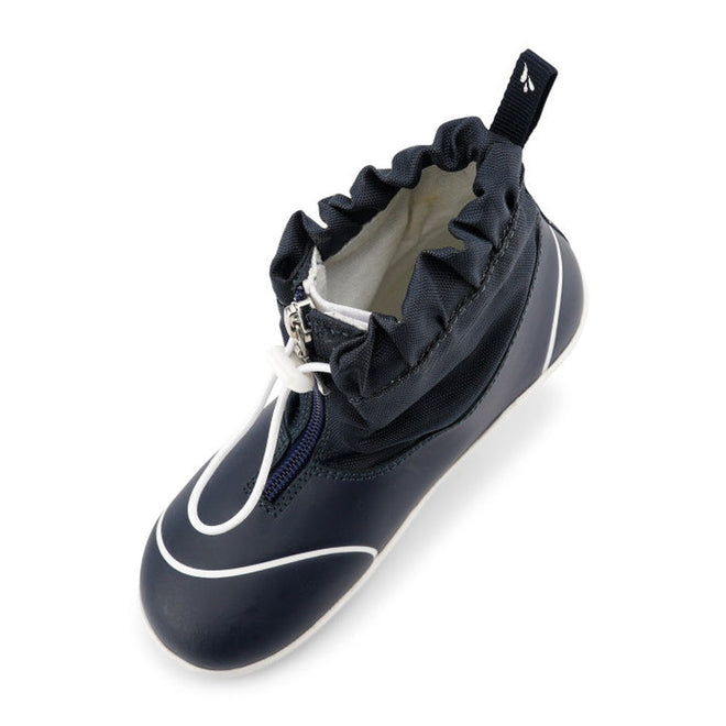 Bobux Kid+ Splash Boot Waterproof Navy 839004: kids' navy blue waterproof boots with white accents, front zipper, ankle drawstring closure, back pull-tab, soft flexible sole, and elastic trim for comfort., 9420068528086, 9420068528093, 9420068528109, 9420068528116, 9420068528123, 9420068528130, 9420068528147