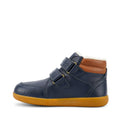 The Bobux Kid+ Timber Arctic WATERPROOF Boot Navy 836003E is a unisex navy blue leather high-top kids' boot with two Velcro straps, brown padded ankle, white lining, and a light brown rubber sole, shown in side profile., 9420068529489, 9420068529496, 9420068529502, 9420068529519, 9420068529526, 9420068529533, 9420068529540