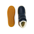 The Bobux Kid+ Timber Arctic WATERPROOF Boot Navy 836003E features navy uppers, brown rubber soles, white fleece lining, and two hook-and-loop straps. One boot is shown from above, the other displays the tread pattern., 9420068529489, 9420068529496, 9420068529502, 9420068529519, 9420068529526, 9420068529533, 9420068529540