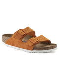 a pair of Birkenstock Arizona Suede Leather Soft Footbed Russet Orange Narrow Fit with double straps, one over the foot and one over the toes with buckle adjustment. Staps are linked at the sides of the foot. Leather thick straps and a suede leather footbed,