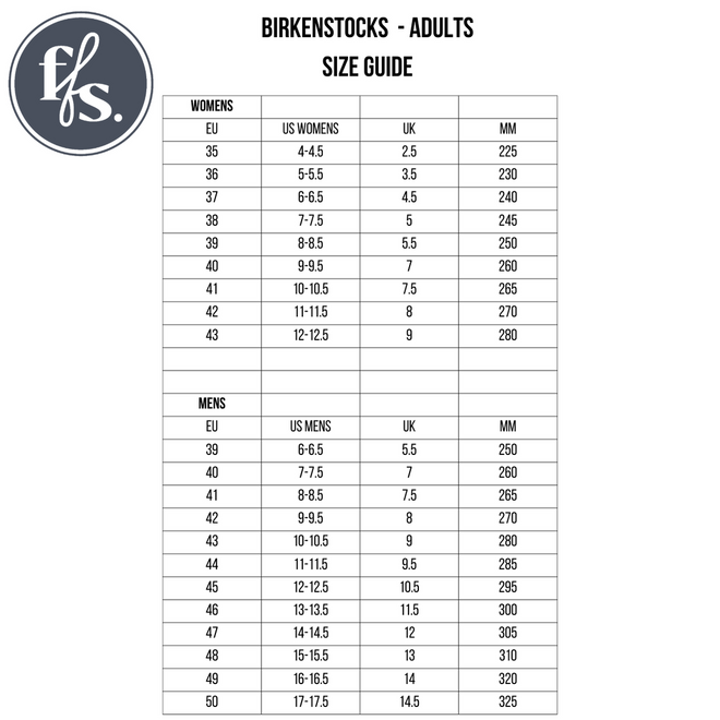 Birkenstock Arizona Birko Flor Dark Brown Narrow Width size guide for men and women showing EU, US, UK sizes, measurements in mm, narrow fit details; features cork footbed sandals image and logo in the top left corner., 4013871074625, 4013871078777, 4013871058359, 4013871018759, 4013871059288, 4013871019916, 4013871020189, 23865, 23866, 23867, 23868