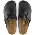 A top down view of the closed toe upper and the insole foot bead of a pair of Black Birkenstock clogs in smooth leather.,
4013871025191,4013871017615,4013871019862,4013871020868,4013871024217,4013871029960,4013871030577,4013871041115,4013871042518,4013871058878,4013871065944,4013871079972, 
