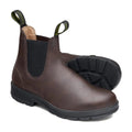 The Blundstone Chelsea Boot 2116 VEGAN in brown features black elastic side panels, sturdy black rubber soles, and pull-tabs with subtle branding. These water-resistant, unisex boots ensure comfort with shock absorption technology.