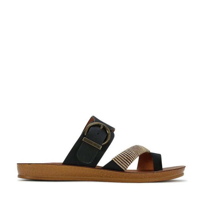 The Los Cabos Bria Black Light Flexible Sandal Jandal features a wide black strap with a gold buckle and a tan woven strap on a brown sole—ideal for casual summer style., 9321191053158, 9321191053165, 9321191053172, 9321191053189, 9321191053196, 9321191053202, 9321191053219