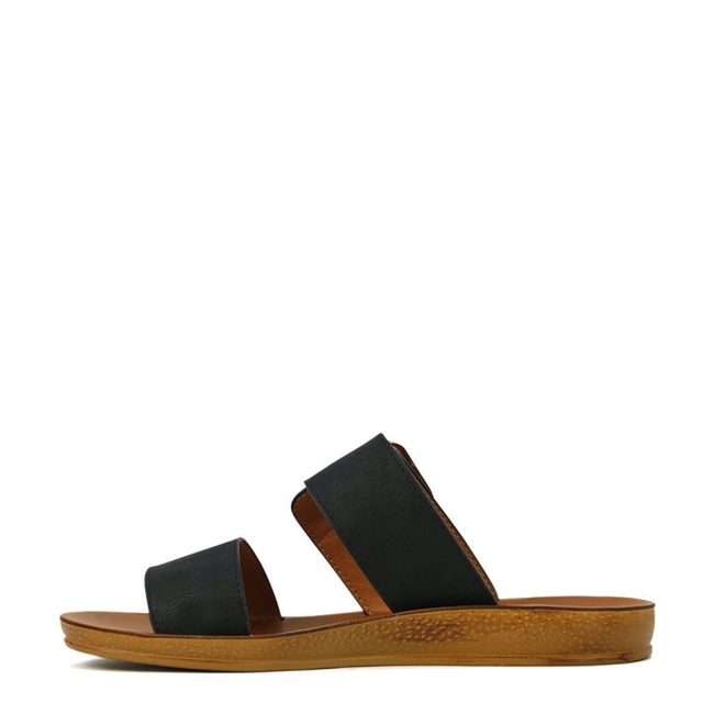 The Los Cabos Doti Black Light Flexible-Sandal features two black straps and a brown flat sole, shown in profile on a white background—ideal as your go-to summer sandal., 9321191045450, 9321191045467, 9321191045474, 9321191045481, 9321191045498, 9321191045504, 9321191045511