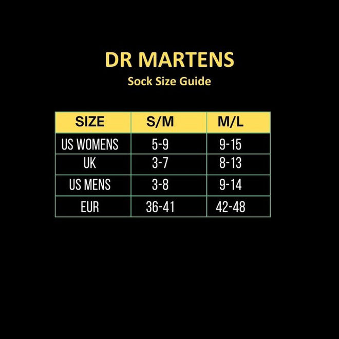 Explore the Dr Martens Ankle Bow Cotton Blend Socks Lemon size guide—available in S/M and M/L, machine washable, and shipped in an Airwair box. Check the chart for US, UK, and EUR sizing details for a perfect fit., 190665558562, 190665558555