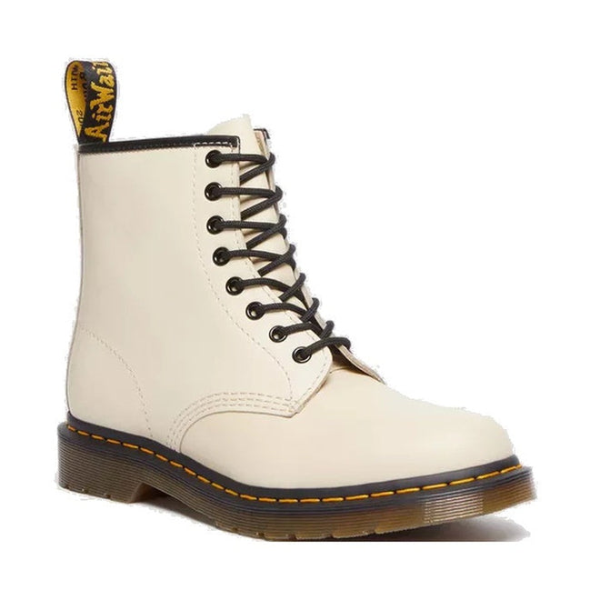 Image of right foot, side on of Dr Martens 1460 Smooth Parchment Beige 8 up Leather Boot-Foot Forward Shoes