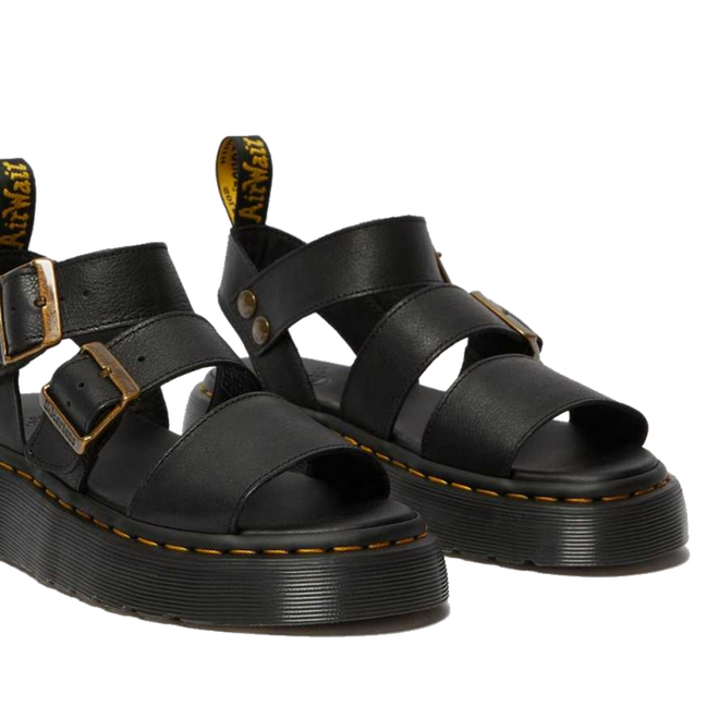 A front shot of a pair of Dr Martens Gyrphon sandals in Pisa leather. Showing the open toe and straps with the platform sole with yellow stitching.,
190665318654,
190665318661,
190665318678,
190665318685,
190665318692,
190665318708,
190665318715,
