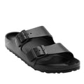 Right foot side and front view of Holster Sundreamer slide in Black. Shows double straps across the foot and toes with black buckles for adjustment.