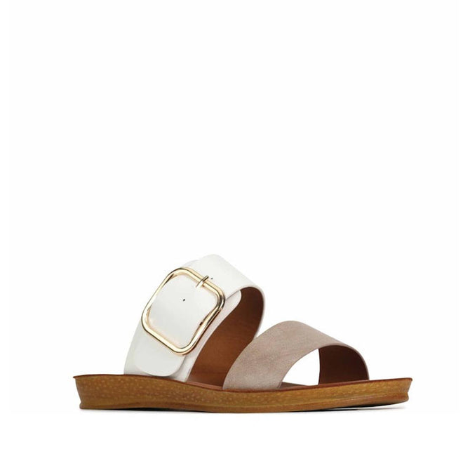 Los Cabos Doti Taupe White Light Flexible-Sandal- showing side view of the right foot of the comfy flexible synthetic sandals slides for women