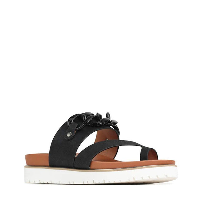 Los Cabos Cai Sandal with Chain Detail Black- showing side view of the right foot of the comfy flexible synthetic sandals slides for women