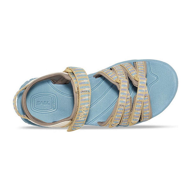 The Teva Girls Active Sandal K Tirra STACKS COCOON features light blue, beige, and blue striped adjustable straps, a closed heel, open toe, cushioned sole, quick-dry webbing—perfect vegan footwear for day hikes., 195719341305, 195719341350, 195719341329, 24599, 24600, 24601, 195719341497, 195719341473, 195719341480, 195719341466