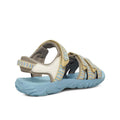The Teva Girls Active Sandal K Tirra STACKS COCOON features blue-striped quick-dry webbing straps, a blue textured sole, and beige and white accents—seen from the back and side against a white background; perfect for day hikes., 195719341305, 195719341350, 195719341329, 24599, 24600, 24601, 195719341497, 195719341473, 195719341480, 195719341466