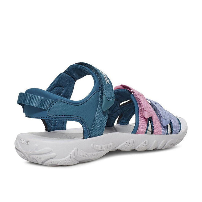 The Teva Girls Active Sandal K Tirra in BLUE CORAL MULTI features quick-dry blue, purple, and pink webbing straps, a white sole, adjustable support, and an open heel—shown from the back and side., 195719341190, 195719341206, 195719341213, 195719341251, 195719341220, 195719341183, 195719341411, 195719341381, 195719341428, 195719341404