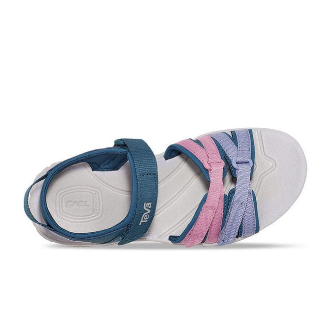 Top view of the Teva Girls Active Sandal K Tirra BLUE CORAL MULTI, featuring a white sole, quick-dry multicolor straps in blue, pink, and purple, closed heel, open toe, Velcro Teva strap, and made from recycled plastic for eco-friendly style., 195719341190, 195719341206, 195719341213, 195719341251, 195719341220, 195719341183, 195719341411, 195719341381, 195719341428, 195719341404