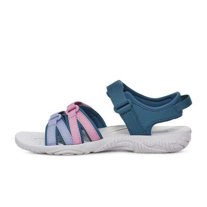 The Teva Girls Active Sandal K Tirra in Blue Coral Multi features a white sole, blue ankle strap, three front straps in blue, purple, and pink tones, and is made from quick-dry webbing for comfort and durability. Shown in side profile on a white background., 195719341190, 195719341206, 195719341213, 195719341251, 195719341220, 195719341183, 195719341411, 195719341381, 195719341428, 195719341404