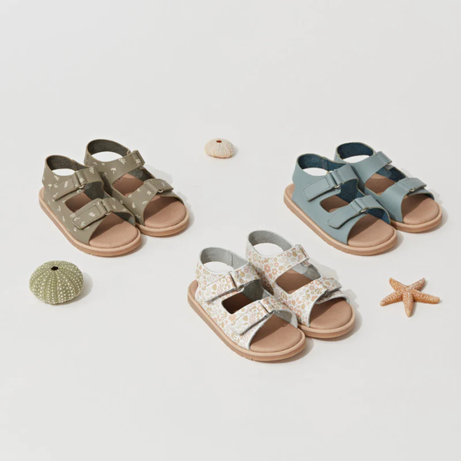 A pair of Pretty Brave WilderSeafoam Blue Kids Sandals (sizes 29-31, clearance, not returnable) with adjustable velcro straps is displayed on a white surface beside two sea urchin shells and a starfish., 9421036359633, 9421036359640, 9421036359657, 25291, 25292, 25293, 25294
