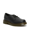 Image of right foot, side on of Dr Martens Kids 1461 J Black School Shoe-Foot Forward Shoes