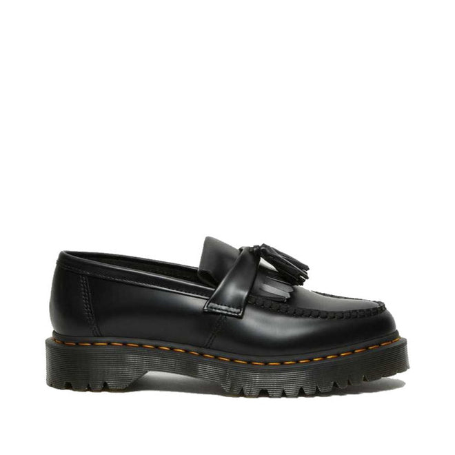 The Dr Martens Adrian Bex Black Smooth Platform Loafer Shoes feature a chunky ridged sole, yellow stitching on a Goodyear-welted base, and front tassels. Shown in profile on a plain white background., 183681, 190665420241, 190665420166, 190665420173, 190665420180, 190665420197, 190665420203, 190665420210, 190665420227