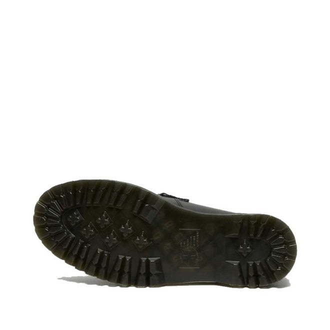 Dr Martens Adrian Bex Black Smooth Platform Loafer Shoes CLEARANCE shown from below, highlighting a rugged, patterned rubber sole with deep treads for traction and durable Goodyear-welted construction on a plain white background., 183681, 190665420241, 190665420166, 190665420173, 190665420180, 190665420197, 190665420203, 190665420210, 190665420227