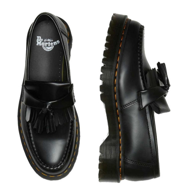 A pair of Dr Martens Adrian Bex Black Smooth Platform Loafer Shoes, featuring tassels, chunky ridged soles, signature yellow stitching, Goodyear-welted construction, and the Dr. Martens logo inside., 183681, 190665420241, 190665420166, 190665420173, 190665420180, 190665420197, 190665420203, 190665420210, 190665420227