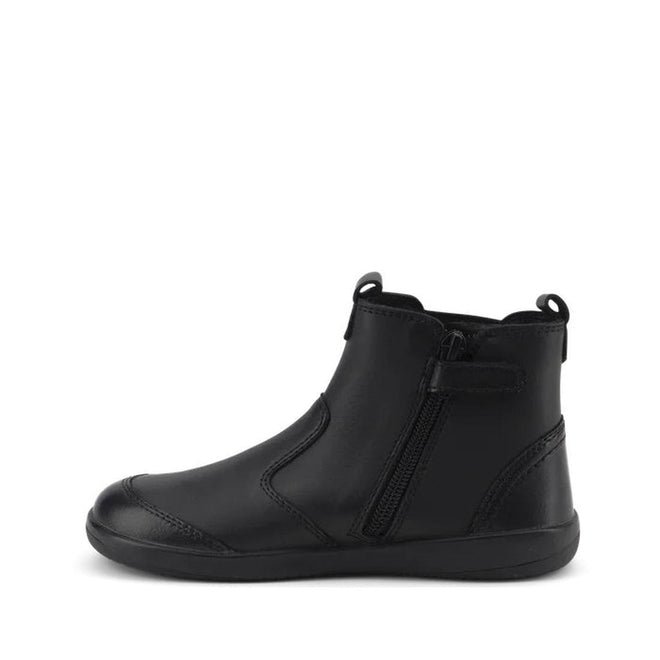 The Bobux Kid+ Black School Leather Boot Jodphur Black Sole Shoes feature a smooth black leather finish, flat sole, side zipper, front and back pull tabs—ideal as a stylish school shoe option., 27690, 9420071306183, 9420071306190, 9420071306206, 9420071306213, 9420071306220, 9420071306237