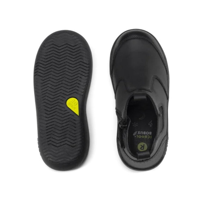 A pair of Bobux Kid+ Black School Leather Boot Jodphur Black Sole Shoes viewed from above and below; the left shows a textured sole with a yellow accent, while the right displays the top and inner side with an R label inside., 27690, 9420071306183, 9420071306190, 9420071306206, 9420071306213, 9420071306220, 9420071306237