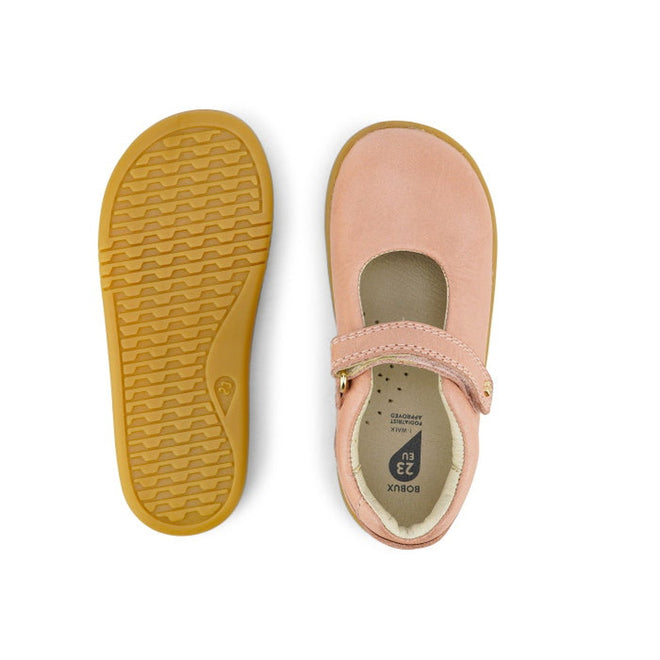 A pair of Bobux Iwalk IW Delight Mary Jane Pink Dusk Pearl shoes with a pink leather upper, Velcro strap, and light brown rubber soles; one shoe is shown from the top, the other from the bottom., 9420062084557, 9420062084564, 9420062084571, 9420062084588, 9420062084595