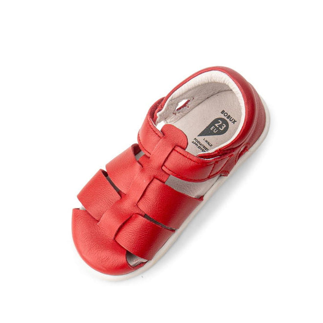 A single Bobux IWalk Tidal Closed Toe Quick Dry Sandal Red 634411 for a small child, featuring quick-dry leather, closed toe, open sides, and a hook-and-loop strap, is shown against a white background., 9420062023778, 9420062023785, 9420062023792, 9420062023815, 9420062023808
