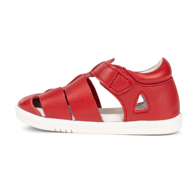The Bobux IWalk Tidal Closed Toe Quick Dry Sandal Red 634411 is a toddler sandal with a closed heel, open toe, cut-out design, white rubber sole, and hook-and-loop strap. Made from quick dry leather for comfort and easy fastening., 9420062023778, 9420062023785, 9420062023792, 9420062023815, 9420062023808