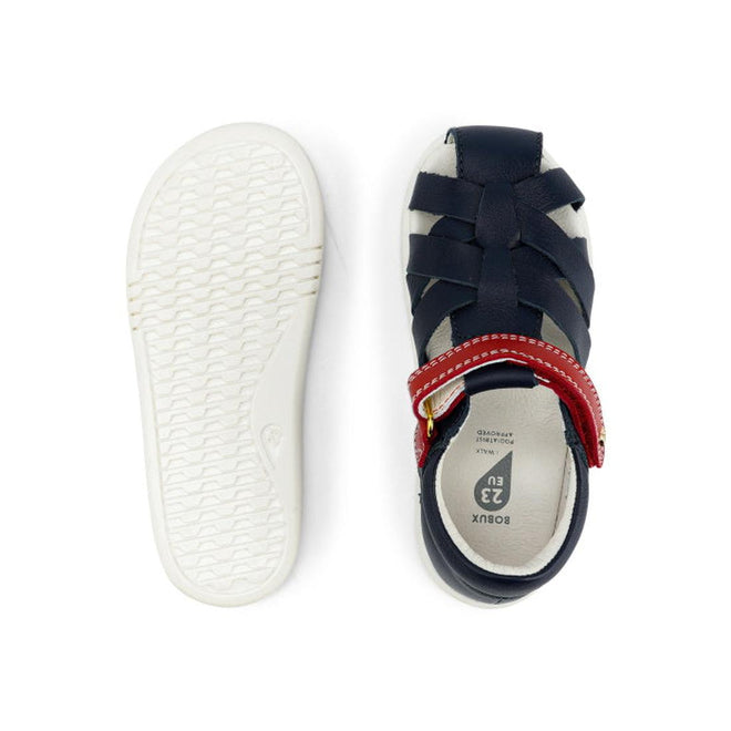 The Bobux Iwalk IW Tropicana II Sandal 638309 in navy with a red strap and white sole is shown: one sandal in a side view, the other displays its textured sole and EU size 23 marking inside., 9420068529779, 9420068529786, 9420068529793, 9420068529809, 9420068529816