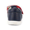 A close-up rear view of the Bobux Iwalk IW Tropicana II Sandal 638309 in navy, featuring a white sole, "BOBUX" on the heel, quick-dry leather, and a visible red strap at the top., 9420068529779, 9420068529786, 9420068529793, 9420068529809, 9420068529816