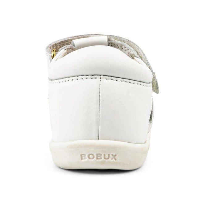 The Bobux Iwalk IW Tropicana II Sandal 638307 in white is a children’s shoe crafted from quick-dry leather, with a visible heel seam and Bobux branding embossed on the sole, designed for lasting comfort and style., 9420068509658, 9420068509665, 9420068509672, 9420068509689, 9420068509696