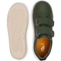 The Bobux Kids + Plus Grass Court Forest Green Velcro Trainers 832463 are children's green leather trainers with double velcro straps, cream wavy-tread soles, and visible size details inside, shown from top and bottom views., 9420071320714, 9420071320721, 9420071320738, 9420071320745, 28512, 28513, 28514