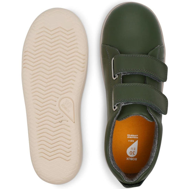 The Bobux Kids + Plus Grass Court Forest Green Velcro Trainers 832463 are children's green leather trainers with double velcro straps, cream wavy-tread soles, and visible size details inside, shown from top and bottom views., 9420071320714, 9420071320721, 9420071320738, 9420071320745, 28512, 28513, 28514