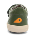 The Bobux Kids + Plus Grass Court Forest Green Velcro Trainers 832463 features a green leather upper, beige sole, orange and black "B" logo on the heel, double velcro straps on the side, all set against a plain white background., 9420071320714, 9420071320721, 9420071320738, 9420071320745, 28512, 28513, 28514