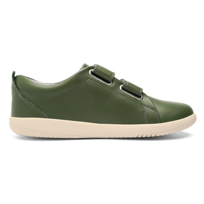A side view of the Bobux Kids + Plus Grass Court Forest Green Velcro Trainers 832463, featuring green leather, double velcro straps, cotton knit lining, and a white rubber sole, photographed on a white background., 9420071320714, 9420071320721, 9420071320738, 9420071320745, 28512, 28513, 28514