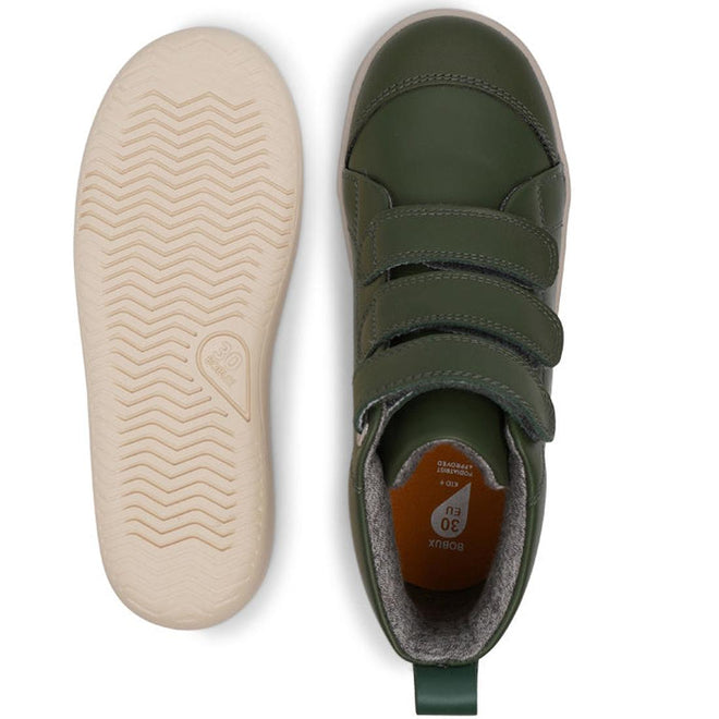 A pair of Bobux Kids Plus KP Hi Court Forest Green sneakers with a premium leather upper in olive green, three velcro straps, and a beige rubber sole featuring a wavy tread pattern., 9420071321209, 9420071321216, 9420071321223, 28259, 28260, 28261, 28262