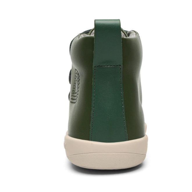 The Bobux Kids Plus KP Hi Court Forest Green is a hi-top street sneaker with a green premium leather upper, pull tab at the heel, and light beige rubber sole, shown from the back., 9420071321209, 9420071321216, 9420071321223, 28259, 28260, 28261, 28262