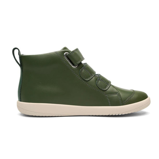 The Bobux Kids Plus KP Hi Court Forest Green is a street-style hi top sneaker with two Velcro straps, a premium leather upper, white sole, and heel pull tab, shown in side view on a white background., 9420071321209, 9420071321216, 9420071321223, 28259, 28260, 28261, 28262