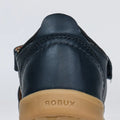 Close-up of the back of the Bobux Kid+ Plus Roam Navy Closed Toe Sandal 830503A with visible stitching, tan rubber sole, and BOBUX embossed on the heel—an ideal choice for boys' closed toe sandals., 9420062049884, 9420062049891, 9420062049907, 9420062049914, 9420062049921, 9420062049938, 9420062049945