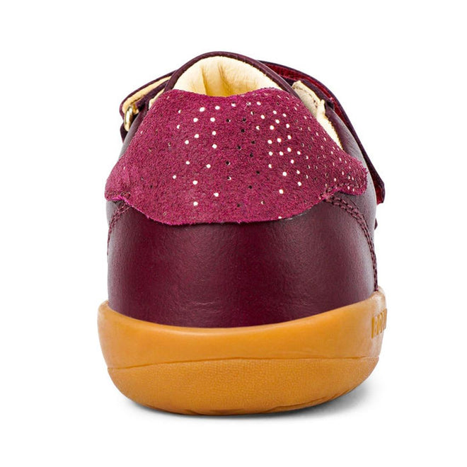Rear view of the Bobux Kids Plus KP Sprite Sneaker in Boysenberry, featuring a soft suede heel, perforations, yellow inner padding, light brown rubber sole, and double strap closure for easy wear and unisex style., 29968, 9420071316663, 9420071316670, 9420071316687, 9420071316694, 9420071316700, 9420071316717