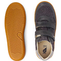 The Bobux Kids Plus KP Sprite Sneaker in Charcoal Grey features a tan, zigzag sole and a dark upper with two velcro straps and white speckles—ideal unisex shoes for children in winter 2023., 9420071316724, 9420071316731, 9420071316748, 9420071316755, 28331, 28332, 28333