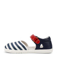 The Bobux Kid + KP Twist Open Toe Sandal Navy features premium leather, navy and white striped front, red Velcro strap, closed back heel support, and a white sole. Displayed in side profile against a white background., 9420068530331, 9420068530348, 9420068530355, 9420068530362, 9420068530379, 24131, 24132