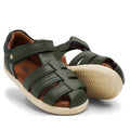a pair of Bobux IWalk Roam Sandal Forest Navy Leather Sandal- closed toe sandals with closed back for heel support. velcro around the heel and straps of leather over the toes so air can move freely around the toes.