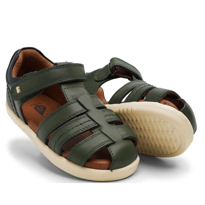a pair of Bobux IWalk Roam Sandal Forest Navy Leather Sandal- closed toe sandals with closed back for heel support. velcro around the heel and straps of leather over the toes so air can move freely around the toes.